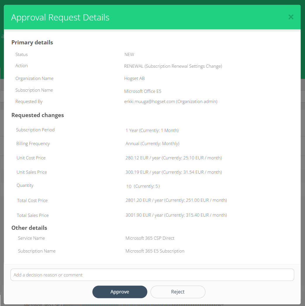 Approval Requests details