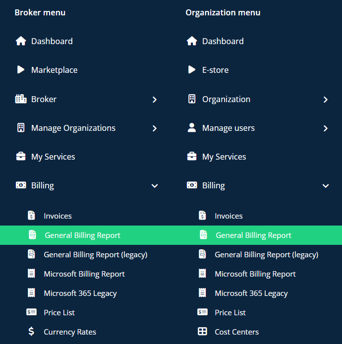 Broker and Org left side menu