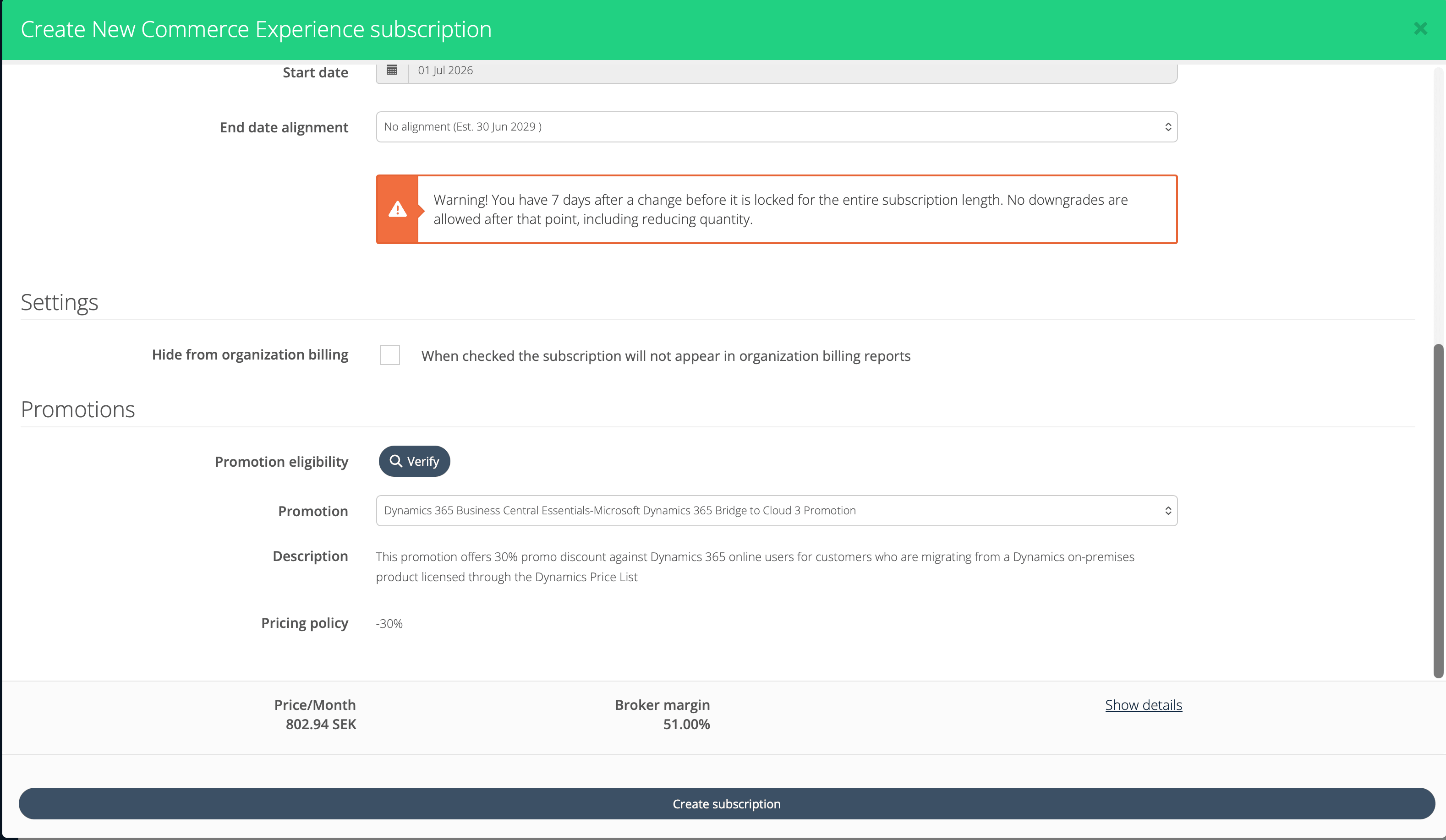 Create NCE subscription with promo
