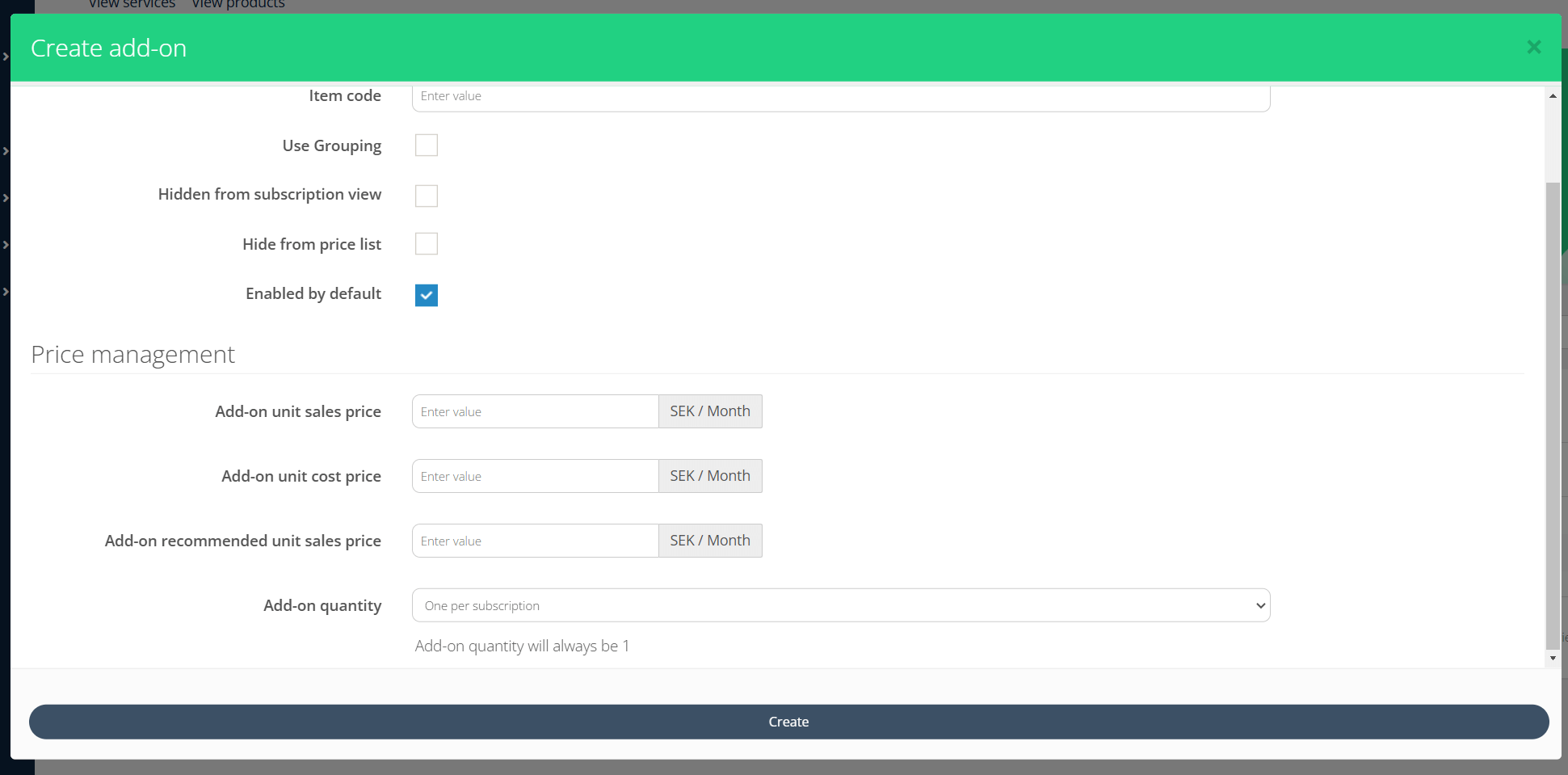 Create add on modal