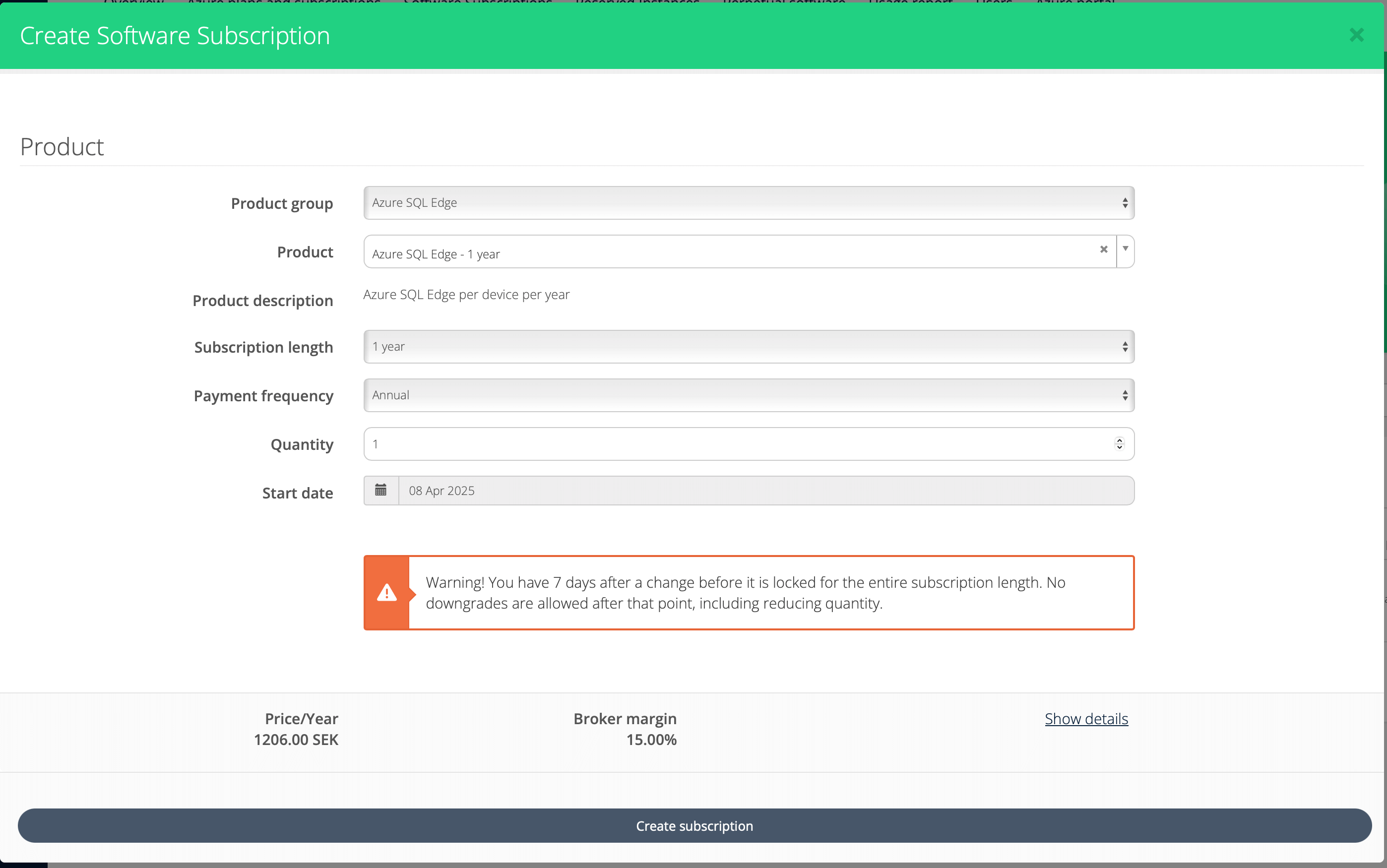 Create software subscription modal