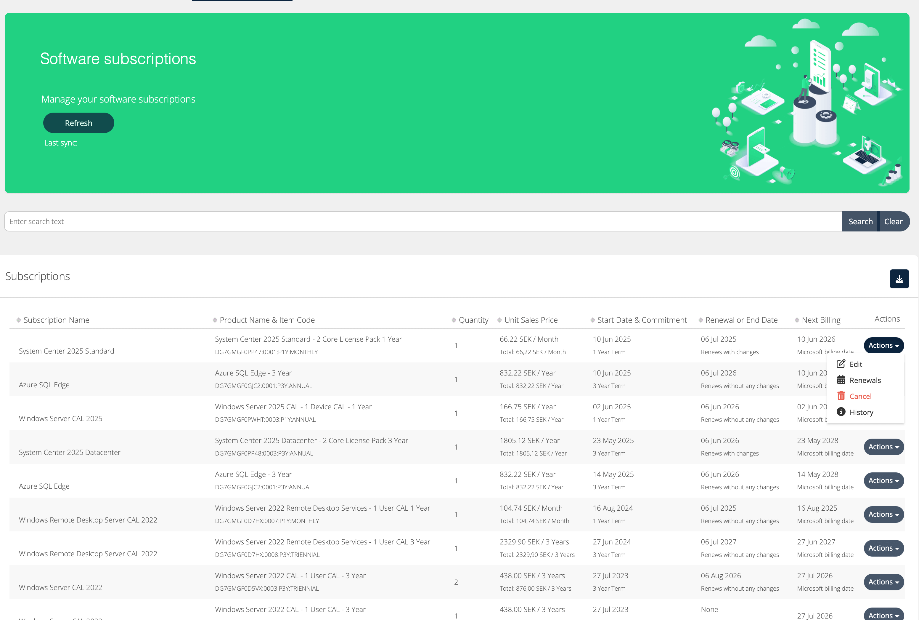 Edit software subscriptions actions