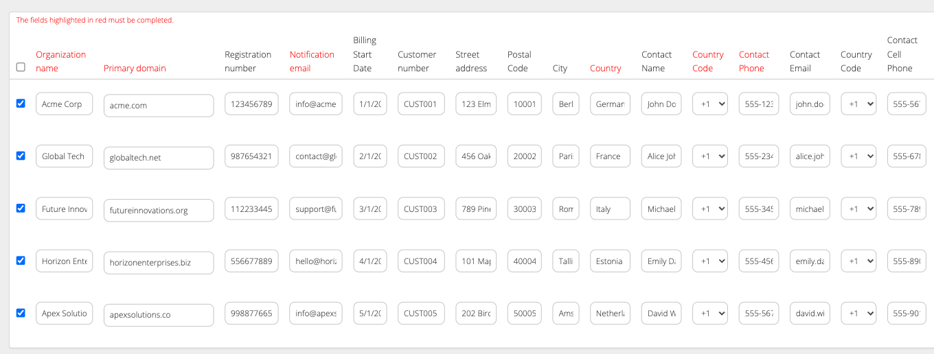Organization import fields