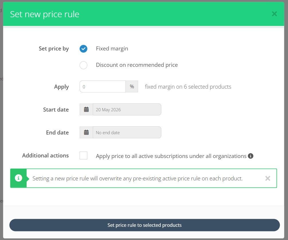 Price Rules with 0 percent margin