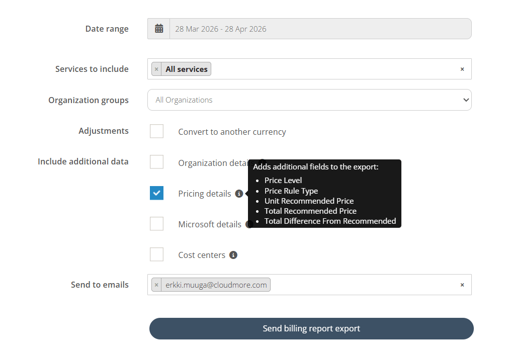 Pricing Details filter in Billing Report