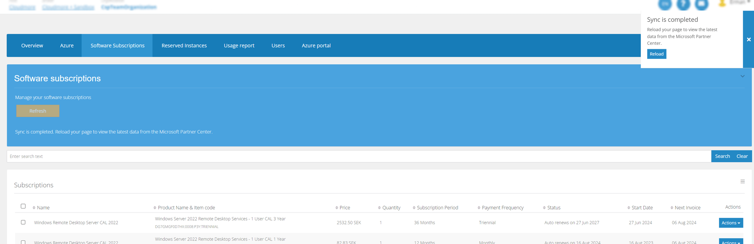 Software subscriptions page