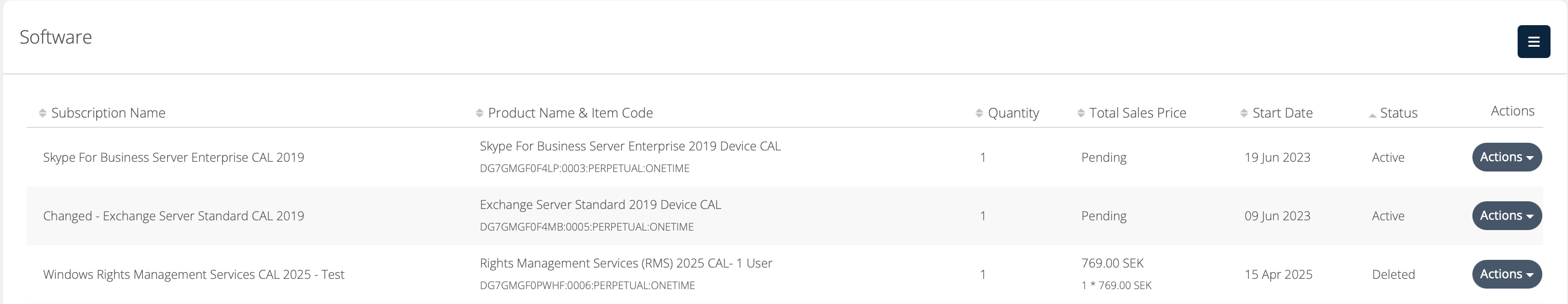 Software subscriptions table