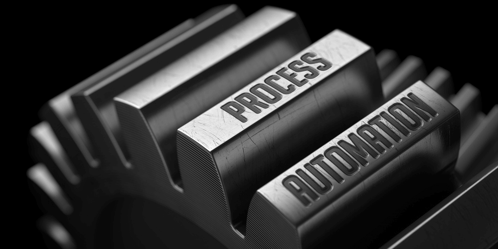 Process Automation on the Metal Gears on Black Background 1000x500